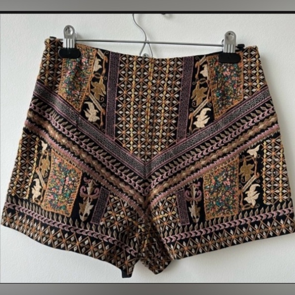 Zara High Waist Embroidered Shorts, Intricate Design, Size Medium, Black/Multi